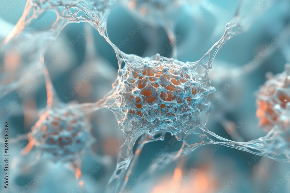 Poster complex network of interconnected cells showcasing vibrant structures in a microscopic landscape. ge