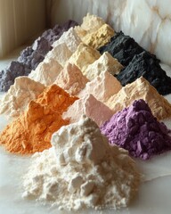 Collection of rare earth mineral powders in different colors, displayed in small mounds

