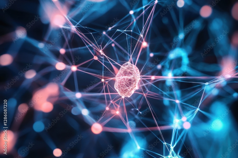 Poster exploring the vibrant connections of a digital neural network under a cosmic light display. generati
