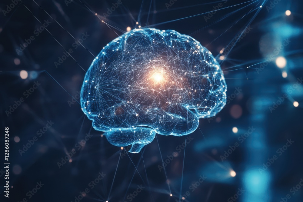 Poster visualizing the intricate web of neural connections within the human brain at the dawn of technologi