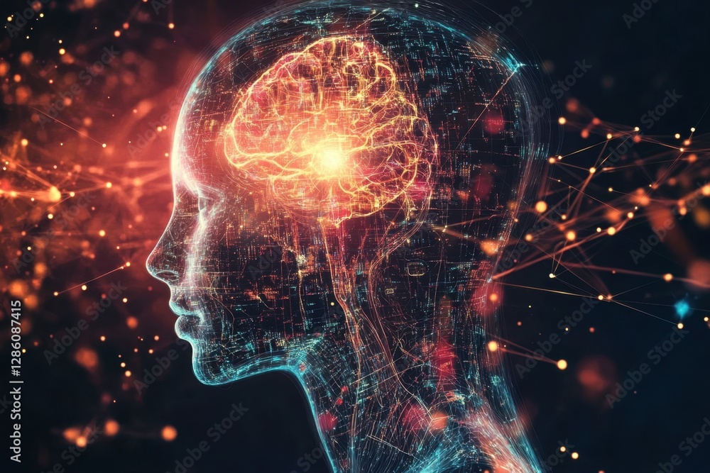 Poster exploring the mysteries of the mind through abstract neural connections and luminous brain activity 