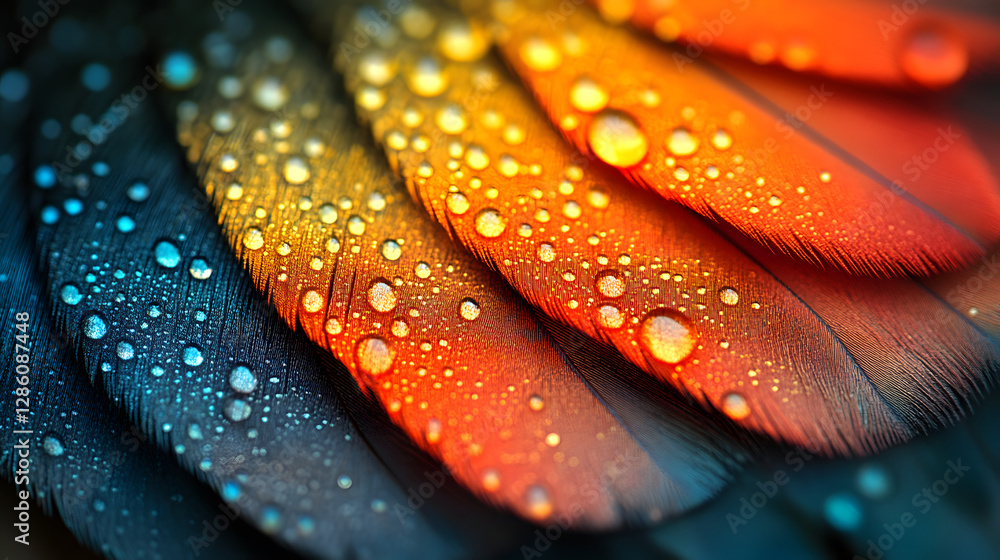 Poster colorful feather with water droplets: a close-up shot capturing a vibrant spectrum of colors on a fe