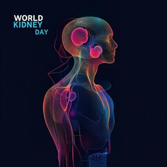 Naklejka premium World Kidney Day poster design featuring intricate carbon fiber abstract human grill line vector on dark blue background, with text space