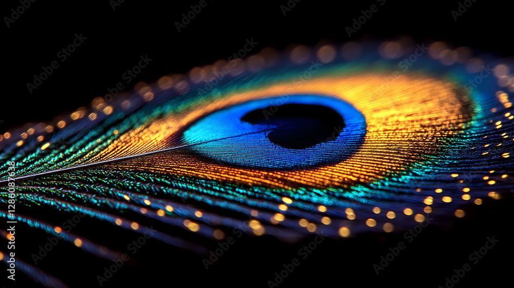 Poster exotic peacock feather: a macro shot captures the intricate beauty of a vibrant peacock feather, dis