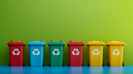Colorful recycling bins arranged neatly against a vibrant green wall, promoting waste segregation