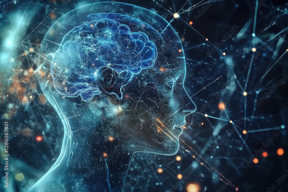 Poster exploring the connections between thought and technology within a digital brain landscape at twiligh