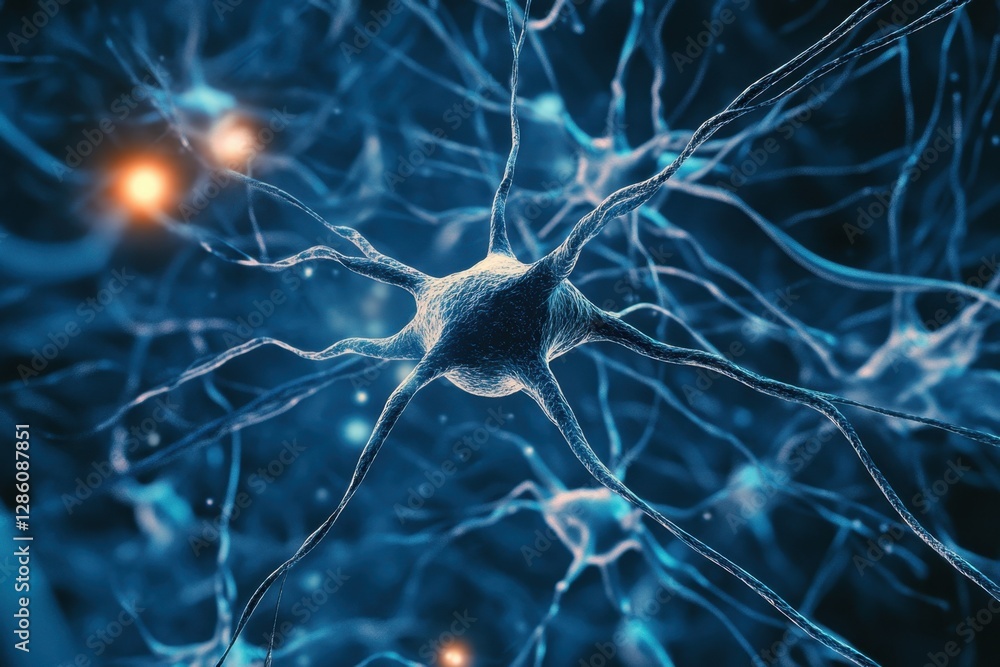 Poster exploring the intricate world of neurons amidst a vibrant network of connections in a digital univer