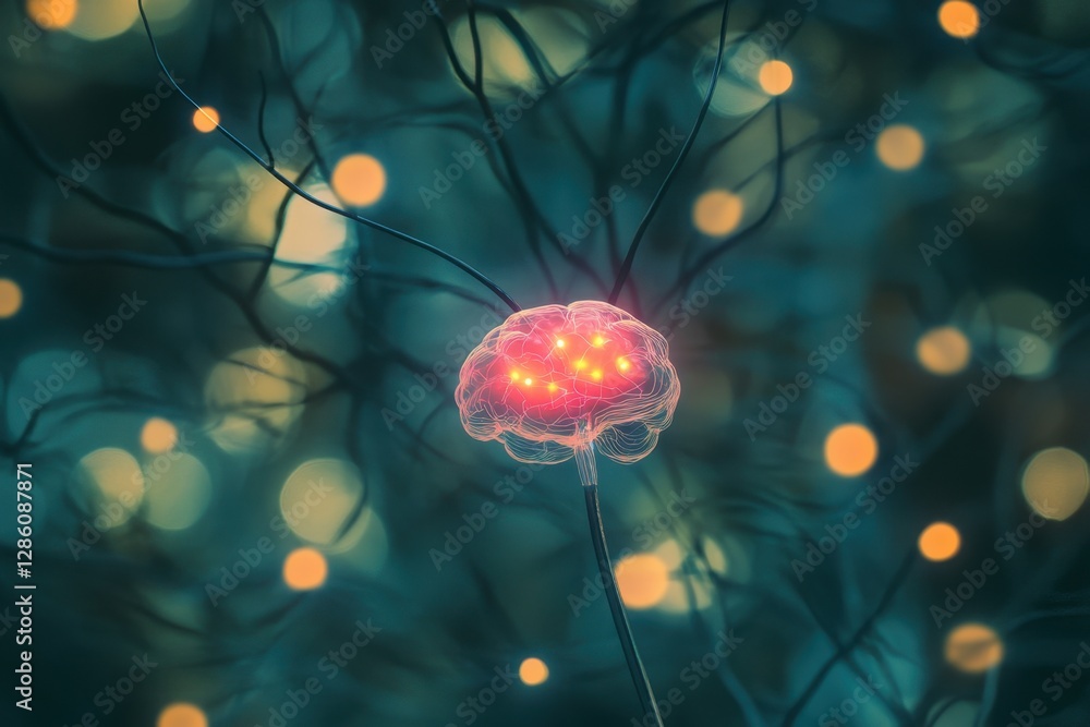 Poster illuminated brain surrounded by glowing connections in an abstract dreamlike environment. generative