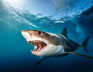 Naklejka premium A shark attacking with its mouth open underwater