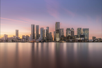 Canary Wharf at sunset shot from the Greenwich Peninsula