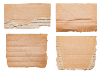 Collection Set of isolated cut out torn pieces of brown corrugated cardboard with texture and copy space for text, transparent png background design element