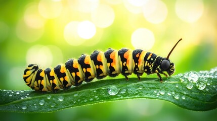 Naklejka premium Colorful caterpillar on dewdrop-covered leaf, bokeh background