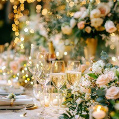 Festive concept, champagne glasses on wedding table