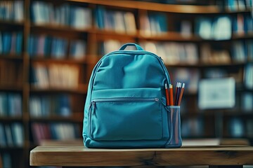 Blue Backpack with School Supplies on Wooden Table Against Blurred Book Shelves