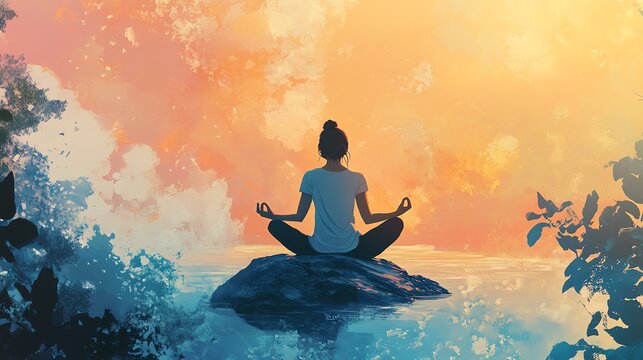 Tranquil Sunset Meditation Illustration