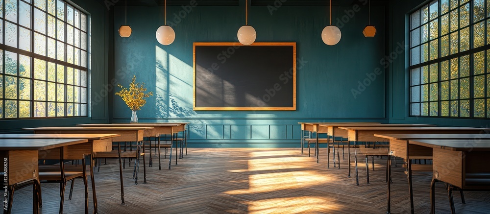 Poster sunlit classroom with empty desks and chalkboard.