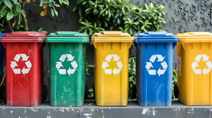 Colorful recycling bins lined up against a textured wall with greenery in the background