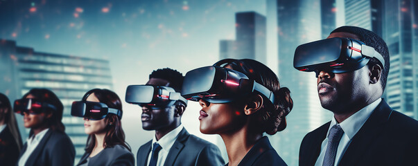 Group of professionals engaged in virtual reality experience in urban setting during daytime