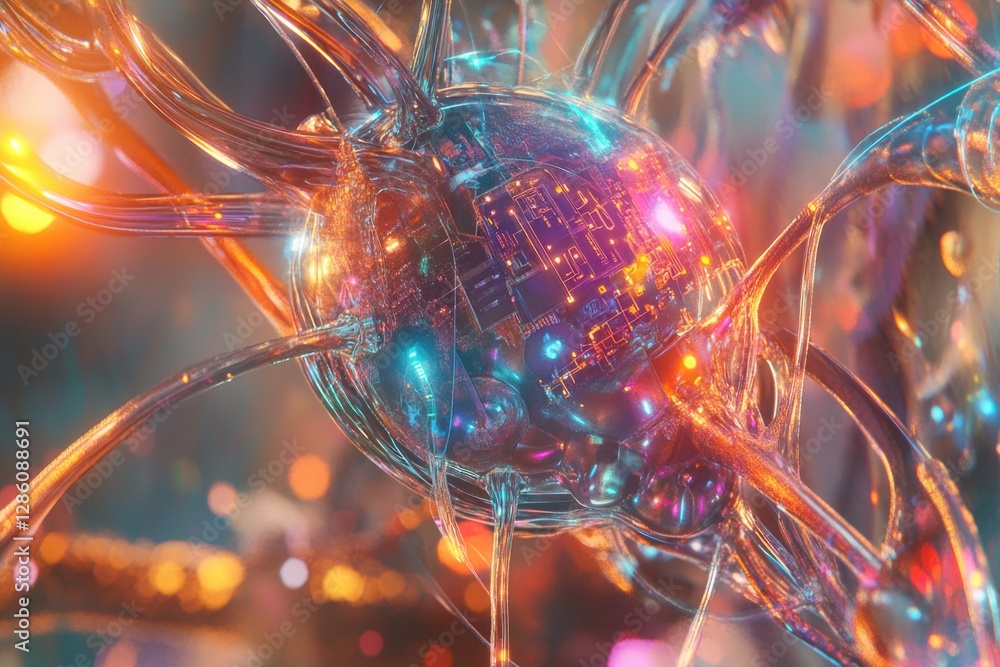 Poster vibrant neural network inspired design showcasing intricate connections and digital circuits. genera
