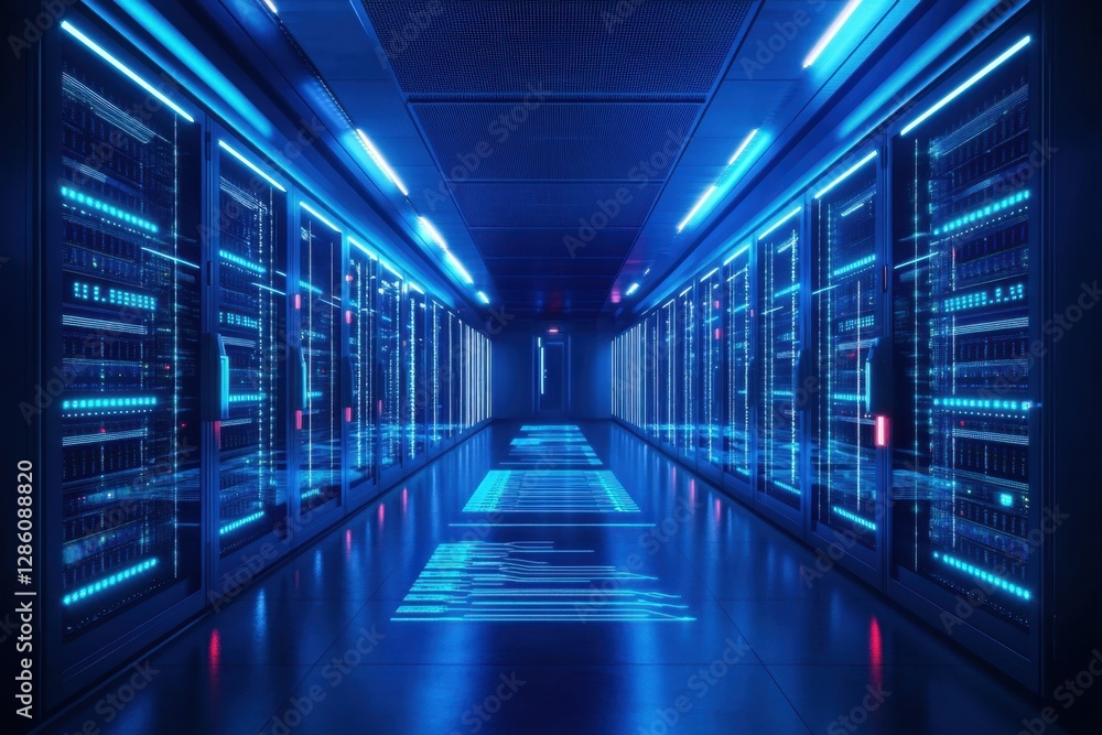 Aufkleber illuminated corridor of high-tech server racks showcasing vibrant blue lights in a modern data cente