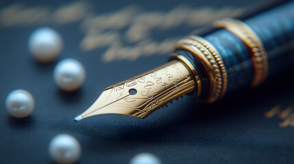 Timeless Elegance: A luxurious fountain pen rests amidst lustrous pearls, capturing the essence of refined writing and classic beauty, evoking feelings of nostalgia, sophistication.