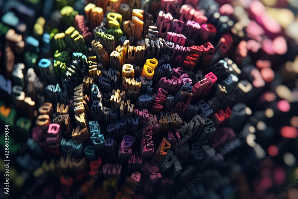 Poster colorful arrangement of letters creating a vibrant landscape of communication and creativity in a cl