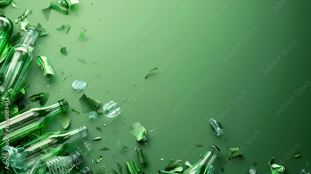 Poster a scattered arrangement of broken green glass bottles and shards on a gradient green background