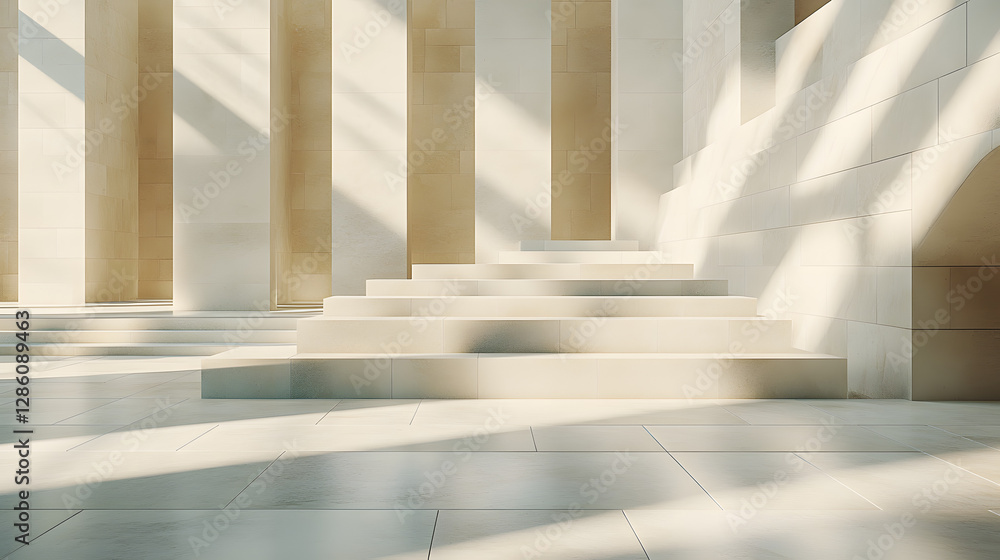 Poster architectural symmetry: a minimalist scene showcases a staircase ascending towards a light-filled sp