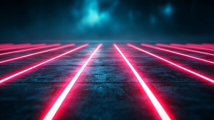 Futuristic Neon Laser Lines on Dark Floor with Mysterious Blue Background for Modern Visual Designs