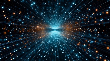 Obraz premium Cosmic Light Burst in a Colorful Stellar Tunnel with Bright Particles and Radiating Energy Effects