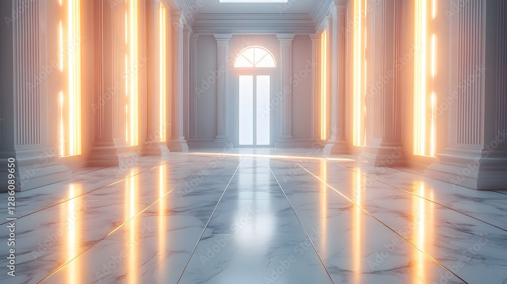Poster illuminated hallway of classicism: a symmetrical hallway featuring majestic columns and a glossy flo