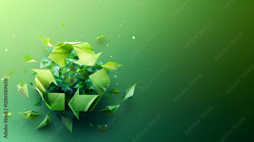 Poster abstract representation of recycling with green leaves and shards on a gradient background