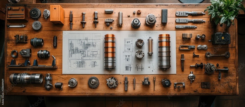 Poster assorted mechanical parts and tools arranged on a wooden table. detailed view of various components,