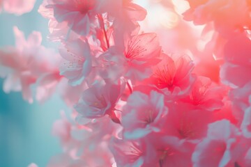 Cherry blossoms bloom vibrantly during springtime, delicately illuminated by a soft, ethereal light in a tranquil garden. Generative AI