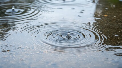 Raindrops on Asphalt Creating Concentric Circles in a Puddle