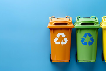 Obraz premium Colorful recycling bins on a blue background promoting waste separation and environmental awareness