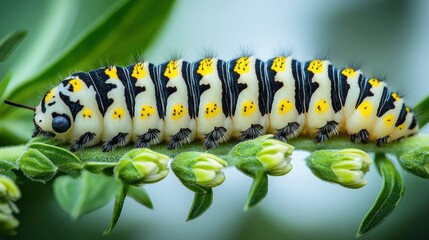Naklejka premium Colorful caterpillar on plant stem with blossoms in background