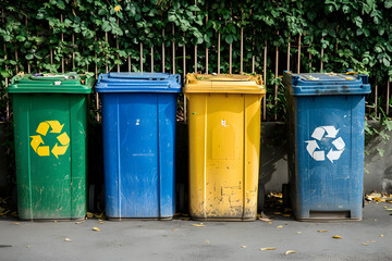 Colorful recycling bins in an urban setting surrounded by lush greenery and fallen leaves