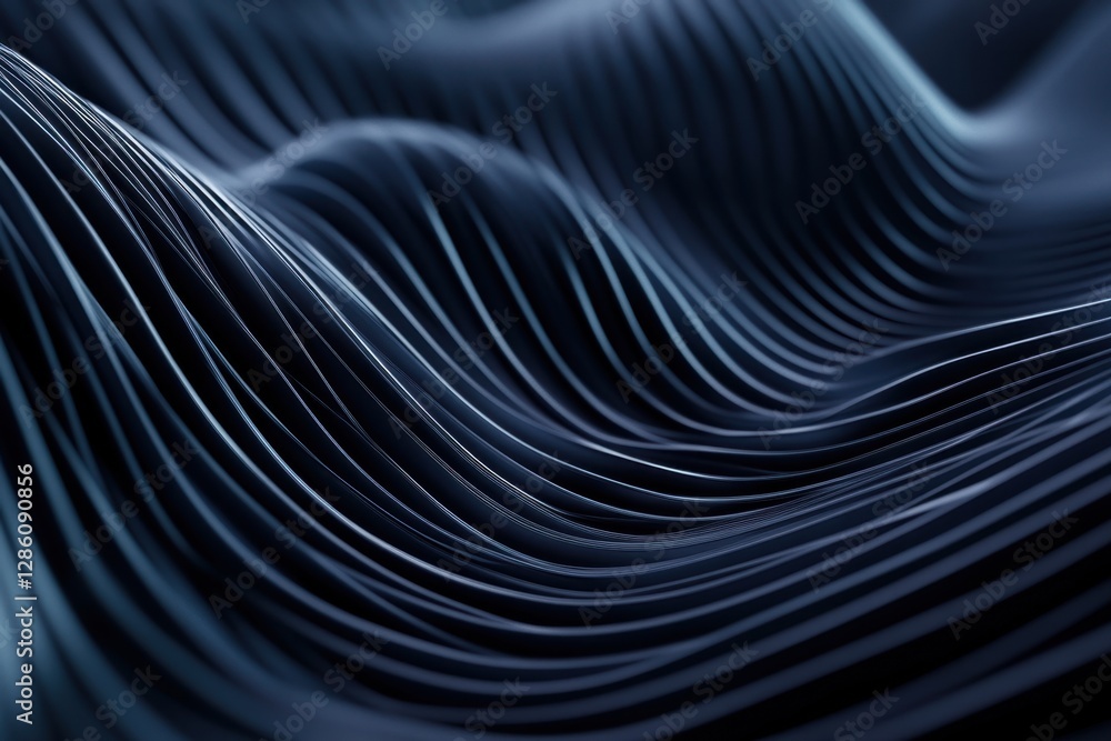 Poster flowing waves of blue lines undulating rhythmically in an abstract composition that evokes a sense o