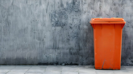 Bright orange trash bin against a textured concrete wall in an urban setting, emphasizing cleanliness