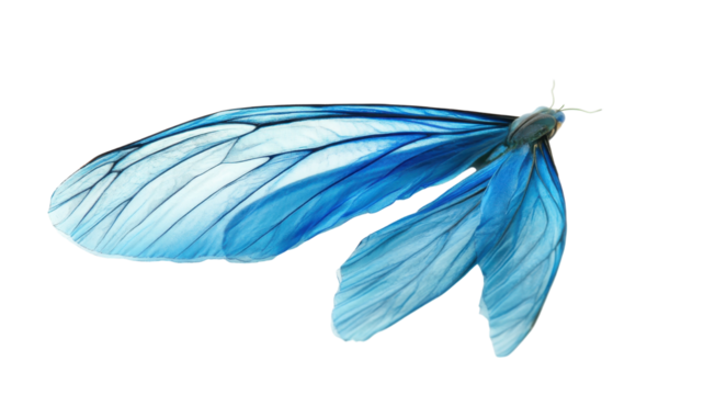 Vibrant blue butterfly wing with intricate patterns and delicate textures captured against a white background