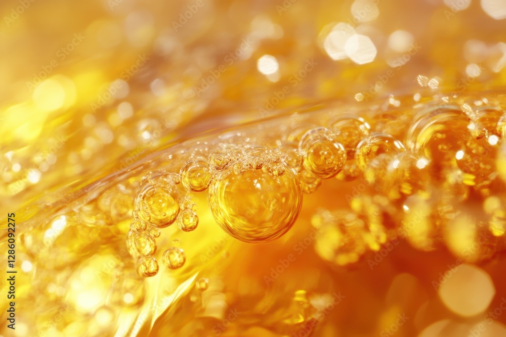 Poster bubbles dance in golden liquid under soft light creating a mesmerizing display of swirling colors an