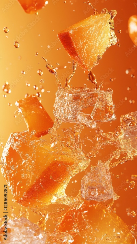 Poster dynamic splash of ice and orange cubes creating a refreshing sensation on a warm sunny day. generati