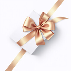 Fototapeta premium Satin or silk rose gold ribbon with bow, gift packaging decoration element isolated on white background. Simple minimalistic design
