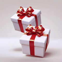 Fototapeta premium Satin or silk red ribbon with a bow on a gift box, decoration element. Gift isolated on white background. Simple minimalistic design