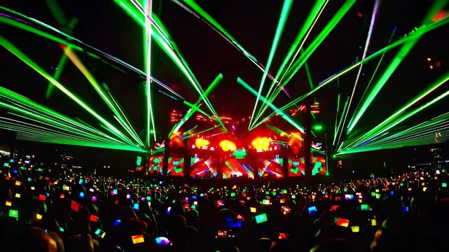 Wide-angle shot of a vibrant concert with colorful laser lights and a large crowd, capturing the energetic atmosphere of a live music video.