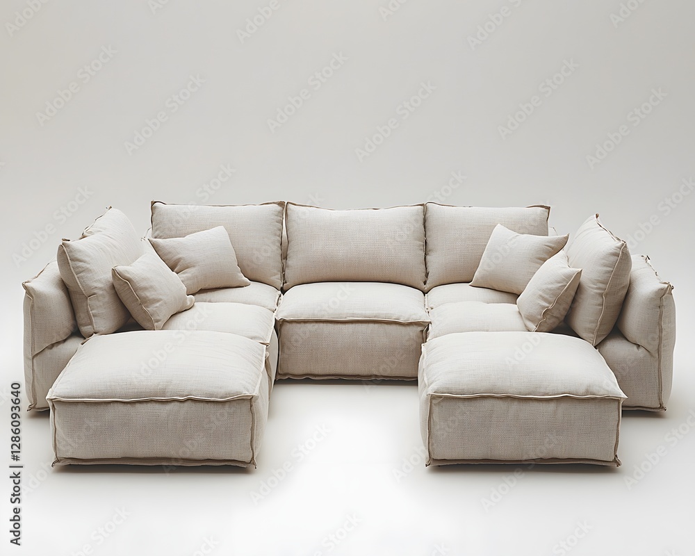 Aufkleber modular sofa with adjustable sections in neutral tones on white background