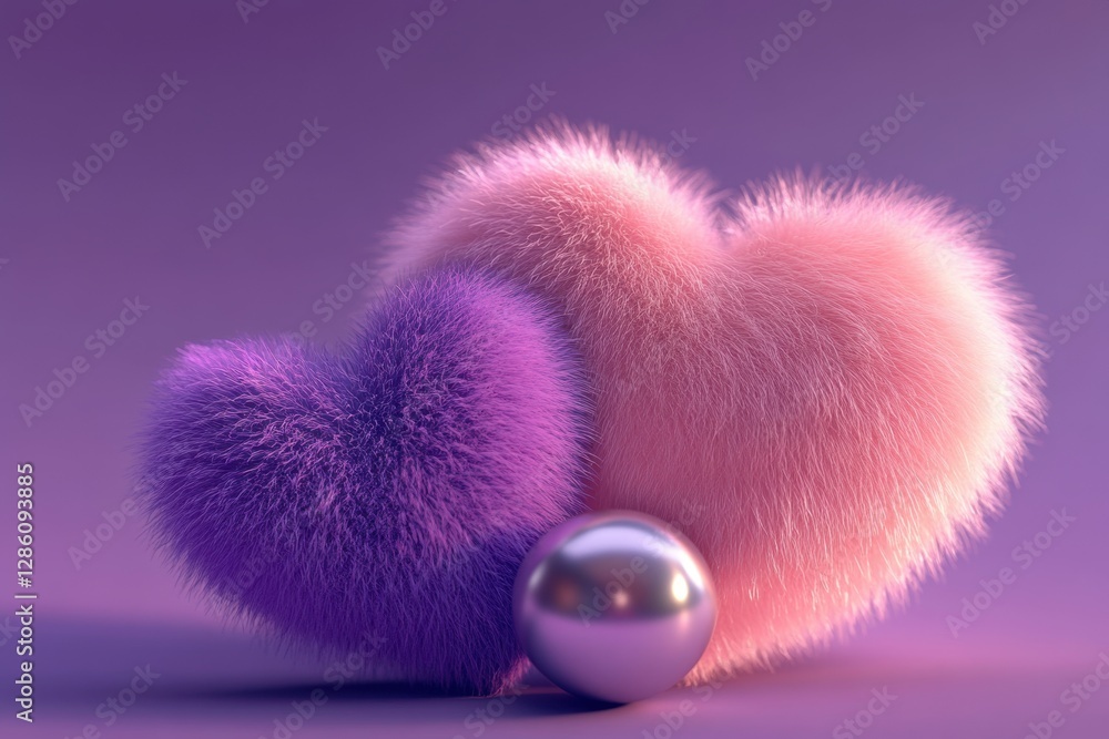 Poster colorful fluffy hearts and a shiny sphere create a whimsical and enchanting atmosphere in a dreamy v