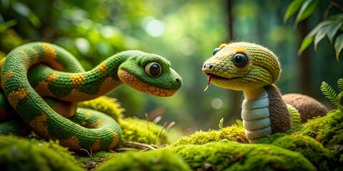 Fototapeta premium Two realistic, handmade snakes engage in a curious exchange amidst lush green foliage in a serene forest during daylight hours, capturing a moment of nature