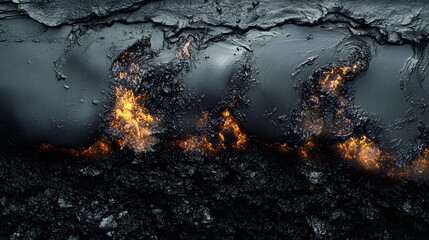 Obraz premium Inferno in the Earth: An abstract depiction of molten rock under layers of coal in the deep earth, with a burning, fiery glow.